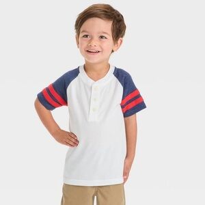 OshKosh B'gosh White Tee with Blue Sleeves and Red Stripes